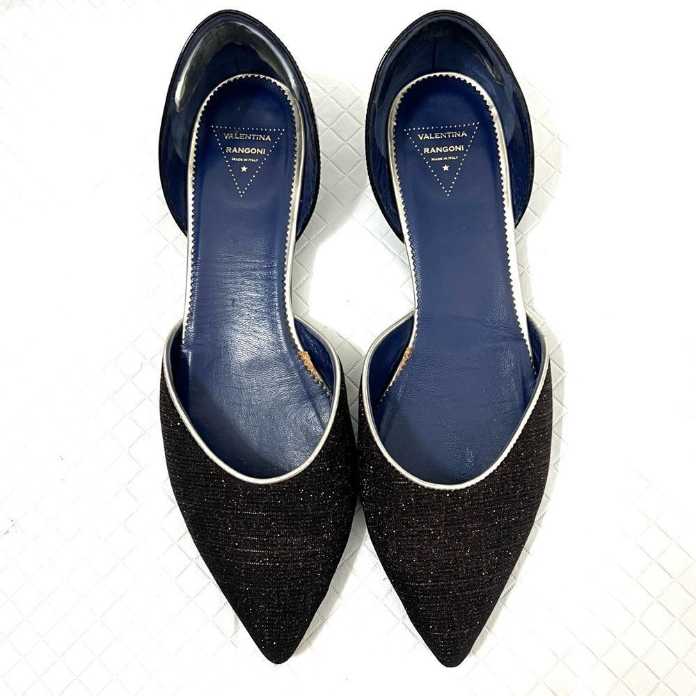 Valentina Rangoni Shimmery Glitter Black Pointed Toe Flats D’Orsay Size 8.5 - Picture 3 of 15